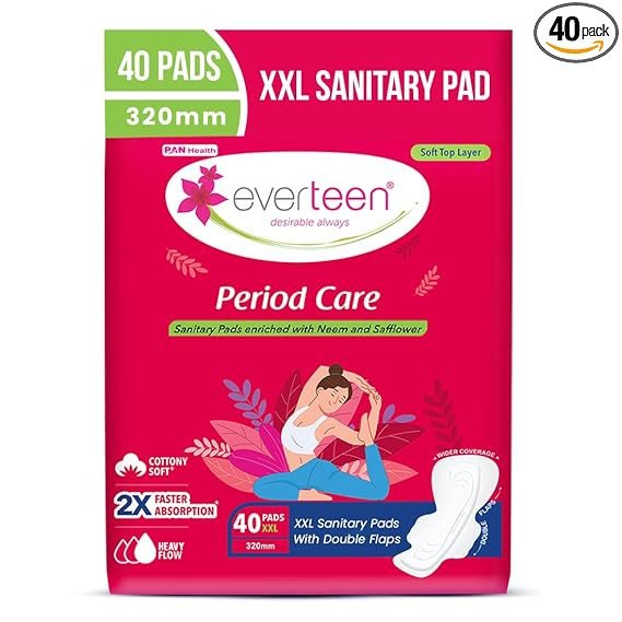 everteen XXL Sanitary Napkin Pads with Cottony-Soft Top Layer for Women Enriched with Neem and Safflower, XX-Large, 320mm Pack of 40,