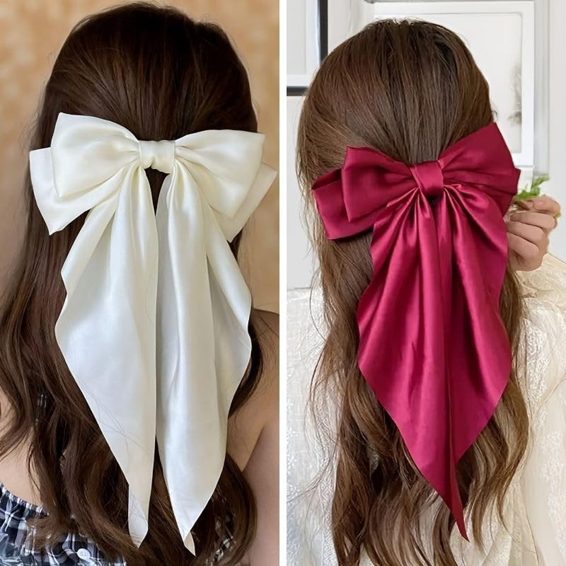 Off White and Red Hair Bows for Women - Barette Clip - Premium Luxury Silky Satin Bow Clips for Girls - Cute Accessories