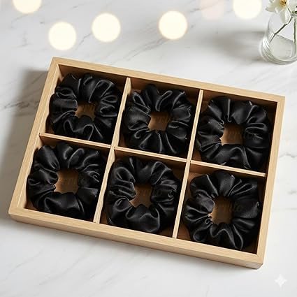 Satin Hair Scrunchies for Women & Girls, Soft, No-Crease, Gentle Hair Ties for Thick, Curly, Straight, Smooth Silk-Feel Elastic Scrunchy Set for Styling (Black - 6 Pcs, No Box Include)