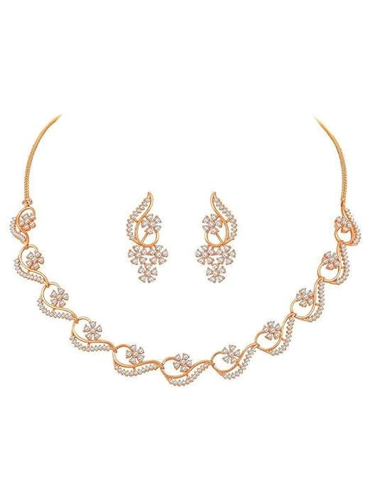 Rose Gold Floral Necklace and Earrings Set, Crystal Embellished, Paisley Design, Jewelry Set