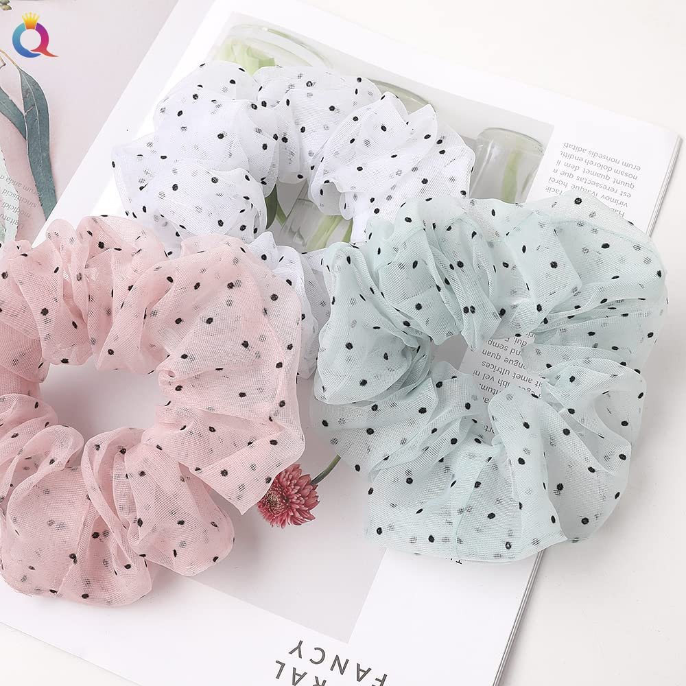 4 PCS RANDOM Summer Scrunchies Fairy Solid Polka Dot Net Yarn Elastic Hair Tie Ponytail Holder Hair Rope Elegant Hair Accessories