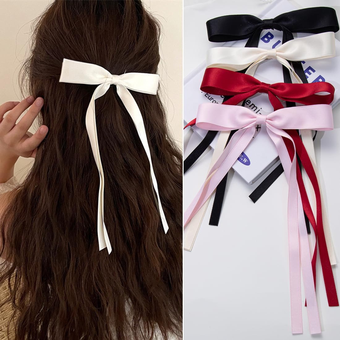4 PCS Premium Bowknot Hair Clips with Long Tails - Ribbon Barrettes and Bow Clips for Women in Black, Cream White, Pink, Wine Red