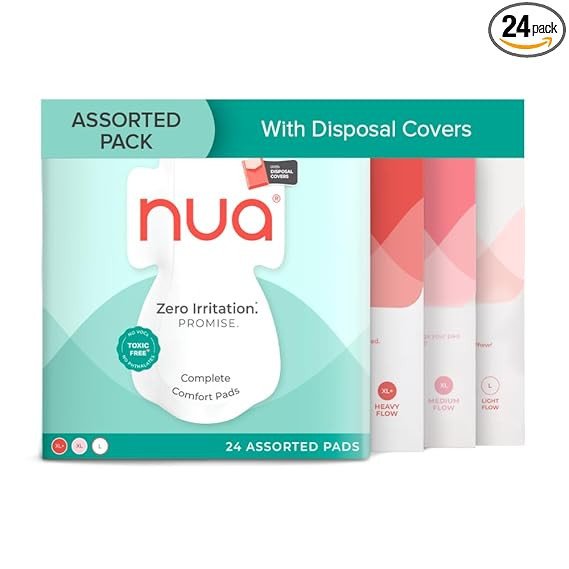 Nua Complete Comfort Sanitary Pads for Sensitive Skin | Pack of 24 Pads (6 Heavy Flow, 8 Medium Flow, 10 Light Flow) with Disposal covers | Zero Irritation | Comfortable All-Day Protection | Ultra-Thi