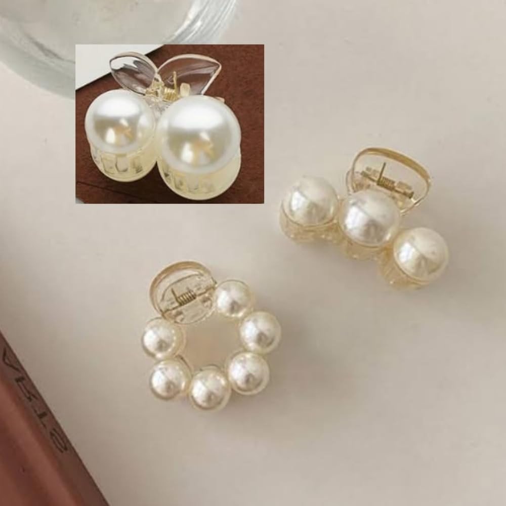 Korean 3Piece Big pearl 4.5Cm design Plastic Hair Claw Clips White Strong Hold Hair Jaw Clips Small Hair Clips Barrettes Accessories for Women Thick Thin Hair Styling Clamp