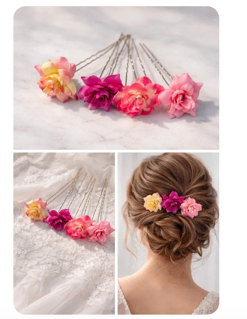 U Pins for Women, Bridal Golden Hair Accessories, Pink Purple yellowish Floroscent Flower Juda Pins for Wedding, Floral U Pins for Hair Styling, Artificial Flowers for Hair (Pack of 4) TINZ