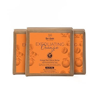Nat Habit Orange Kokum Butter Bath Soap for Women & Men | Cold Processed With Vit C for Body Acne, Pimple & Oil Control | Improve Skin Tone & Boost Collagen Production| Gentle Exfoliation| Pack of 3 X
