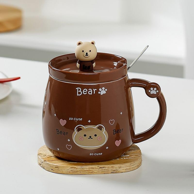 Vasukie Bear Coffee Mug with Lid & Steel Spoon, Mugs for Coffee, Rakhi for Brother, Birthday Gift, Gifts for Woman, Ceramic Mug, 3D Bear Coffee Mug (Bear Mug)