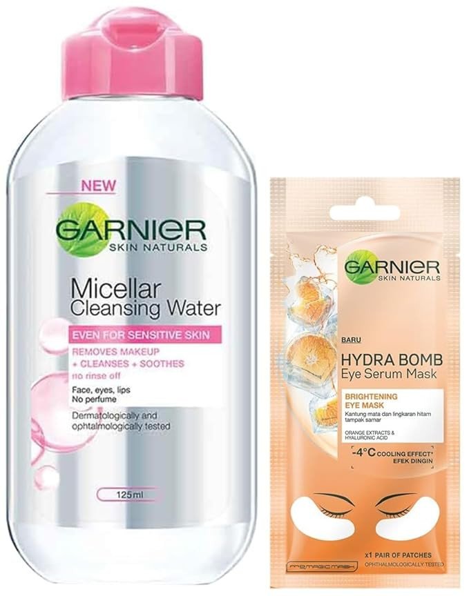 Garnier Skin Naturals, Micellar Cleansing Water, 125ml & Garnier Hydra Bomb Eye Serum Mask, Orange, 6 g