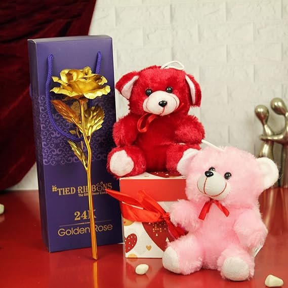 Valentine Gift for Girlfriend Boyfriend Husband Wife Couples Wedding Anniversary Birthday Special 24K Gold Plated Rose with Teddy Bear Hamper,Metal