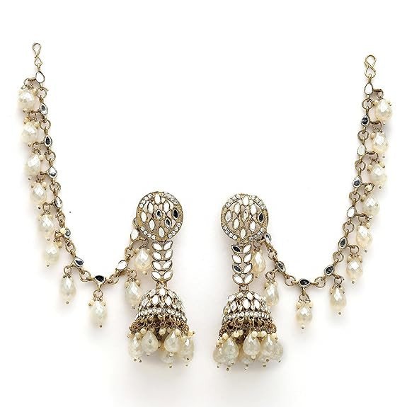 Kundan Pearl Chain Hair Accessories Traditional Stylish Fancy Gold Plated Earrings For Women
