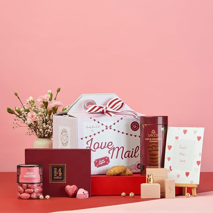 Valentine Bento Hamper – Love Mail Bento Box Gift with Chocolates, Cookies, Perfume & Rose Almonds | Cute Valentine’s Day Surprise Gift