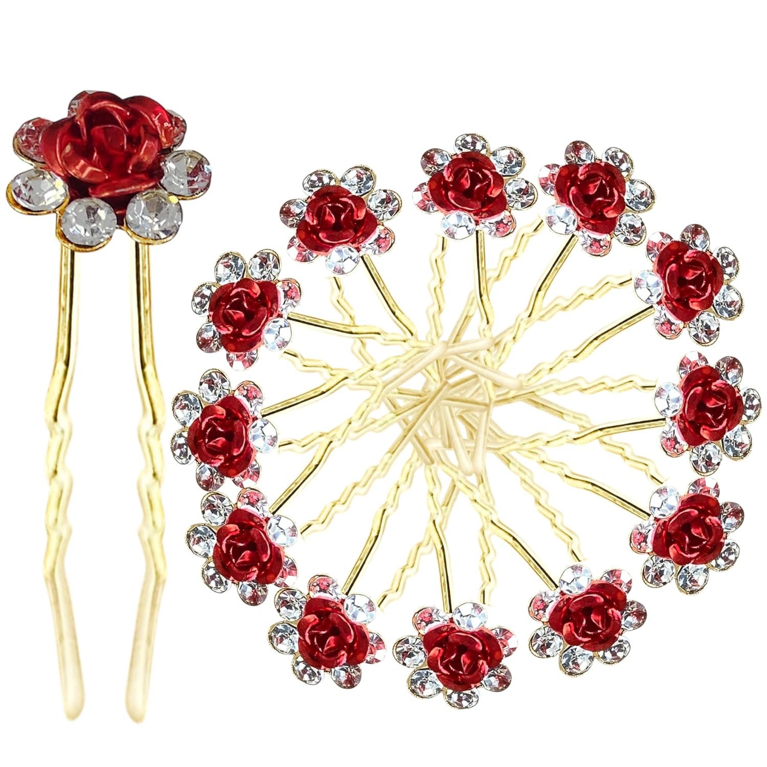 (12pcs) Diamond Rose U Pins Hair Accessories for Women & Girls | Stylish Hair Bun Accessories for Wedding, Party & Festive Hairstyles | Metal Hair Pins with Rose Design