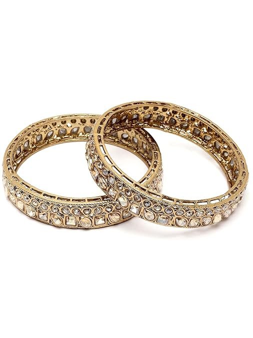 Karatcart Set of 2 Golden Kundan Studded Antique Gold Plated Bangles for Women