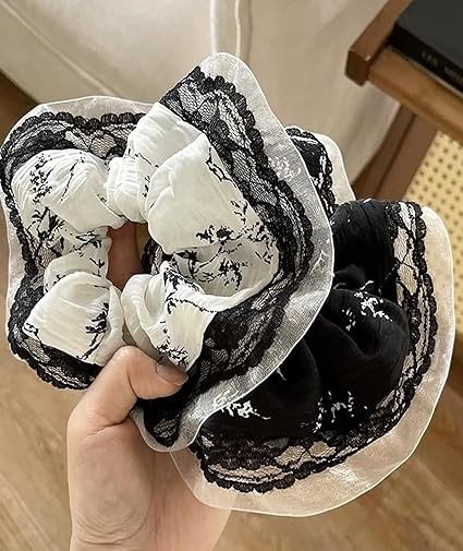 2Pcs Hair Scrunchies for Women, Black and White Floral Hair Bands for Women with Lace Trim, Elegant Scrunchies for Thick Hair, Hair Ties for Daily Hairstyling and Special Occasions
