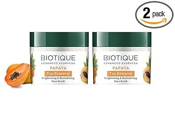 Biotique Papaya Tan Removal Brightening & Revitalizing Face Scrub | Gentle Exfoliation | Smooth and Clear Complexation | 100% Botanical Extracts| Suitable for All Skin Types | 75g (Pack of 2)