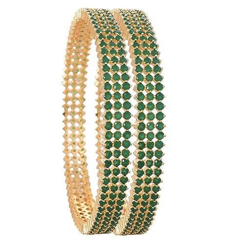 Ratnavali Jewels CZ American Diamond Studded Gold Plated Traditional Emerald Green Bangles for Women/Girls