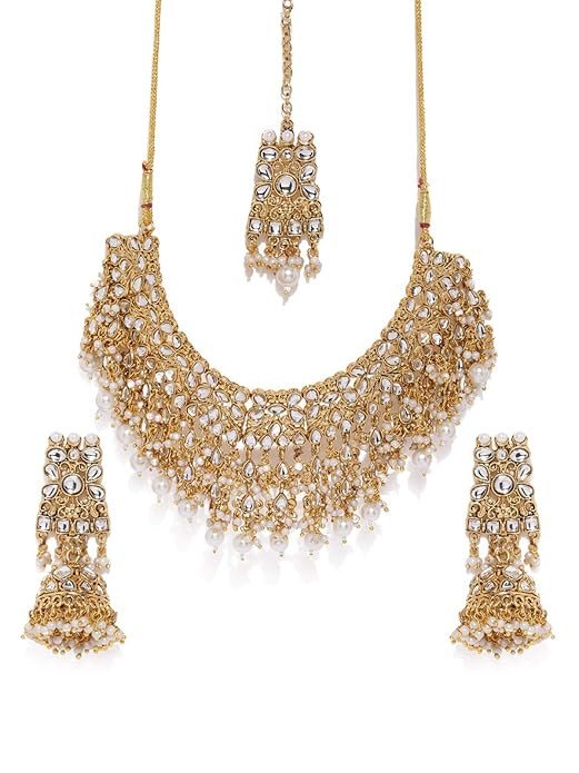 Gold Tone Kundan & Pearls Bridal Choker Necklace Set For Women