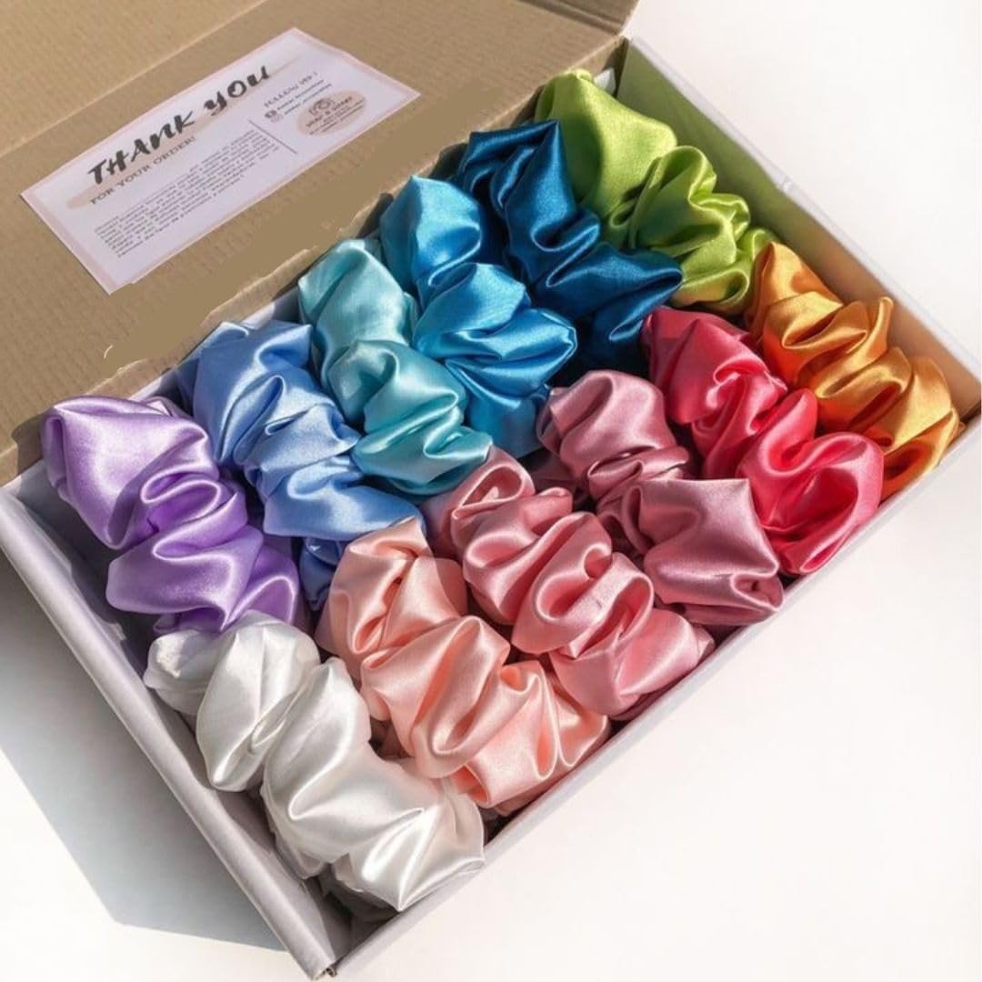 Premium Satin Scrunchies Set for Girls, Women | Anti-Hair-Breakage, Random Colours (12 Pieces)