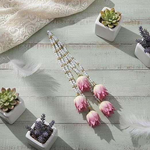 Exquisite Bridal Pink Lotus Bud Hair Gajra Accessory | Premium Pearl String Choti Extension for Wedding Braids | Elegant Traditional Indian Hair Jewelry for Bride & Bridesmaids