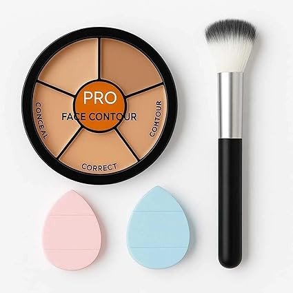 6 in 1 Pro Concealer & Face Contour Palette with Black Brush & 2 Finger Puffs – Full Coverage Cream Color Corrector Kit for Dark Circles, Acne, Redness & Contouring – All Skin Types