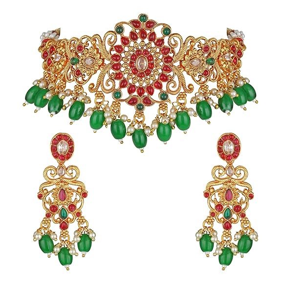 Latest Stylish Fancy Pearl Choker Traditional Jewellery Set for Women | Temple Necklace Set | Festive Wedding Party Necklace | 22k Gold Plated | Just Like Original Gold Jewellery