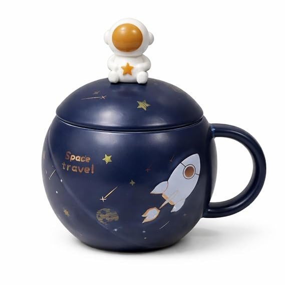 Vasukie Astronaut Planet Coffee Mug with Lid & Steel Spoon, Gift for Man, Mugs for Present, Birthday Present for Brother, 3D Creative Space Coffee Mug (Astro Round Mug)
