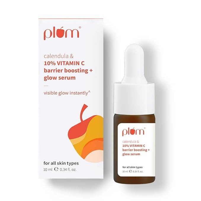 Plum 10% Vitamin C & Calendula Barrier Boosting + Glow Serum 10 ml | With 3% Niacinamide, 1% Hyaluronic acid & 1% Creamide complex| Clinically proven to reduce pigmentation & dark spots in 14 days