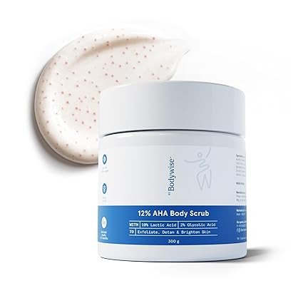 Be Bodywise 12% AHA Body Scrub | Exfoliating Scrub with Glycolic Acid & Lactic Acid | Smoothens Strawberry Skin & Rough Bumps | Oat & Aloe Extract for Hydration | Vitamin E for Skin Protection | 300g