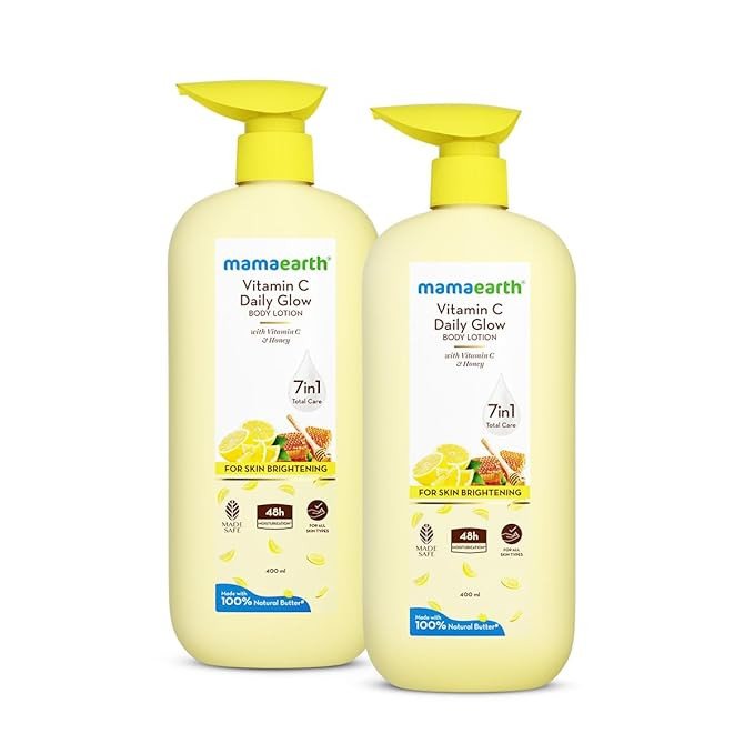 Mamaearth Vitamin C Daily Glow Body Lotion For Skin Brightening With Vitamin C & Honey|Nourishes Dry Skin|48 H Moisturization|100% Natural Butter|Non-Greasy Smooth Skin|400Ml (Pack Of 2)