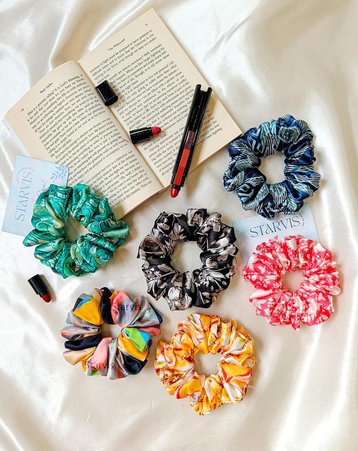 Combo of 6 Large XL Printed Satin silk Scrunchies | Silk Fluffy 6 Printed Set, Hair Ties combo | Scrunchy Silk hair ties Anti-Hair-Breakage, Scrunchie Gift Set for Girls, Women, Mom, Sister