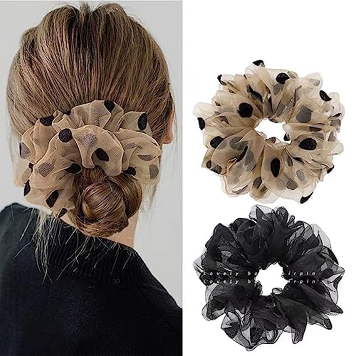 2 Pack Mesh Scrunchies for Women, Sheer Organza Hair Ties, Polka Dot & Pearl Elastic Ponytail Holders, Large Tulle Hair Accessories