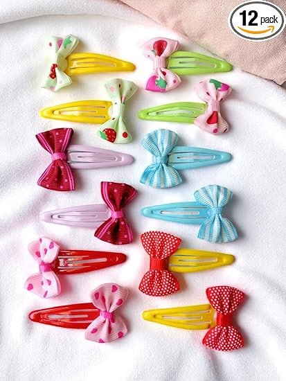 Bow Tie Snap Tictac Hair Clips For Baby Girls Toddler Kids and Women's (Pack of 6 Pairs)