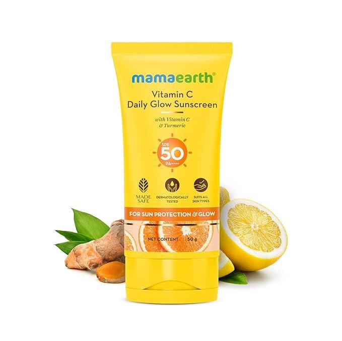 Mamaearth Vitamin C Daily Glow Sunscreen with Vitamin C & Turmeric | For Sun Protection, Tan Protection & Glow | SPF 50 & PA++++ Protection | No White Cast | Lightweight & Non-Sticky | Brightens Skin 