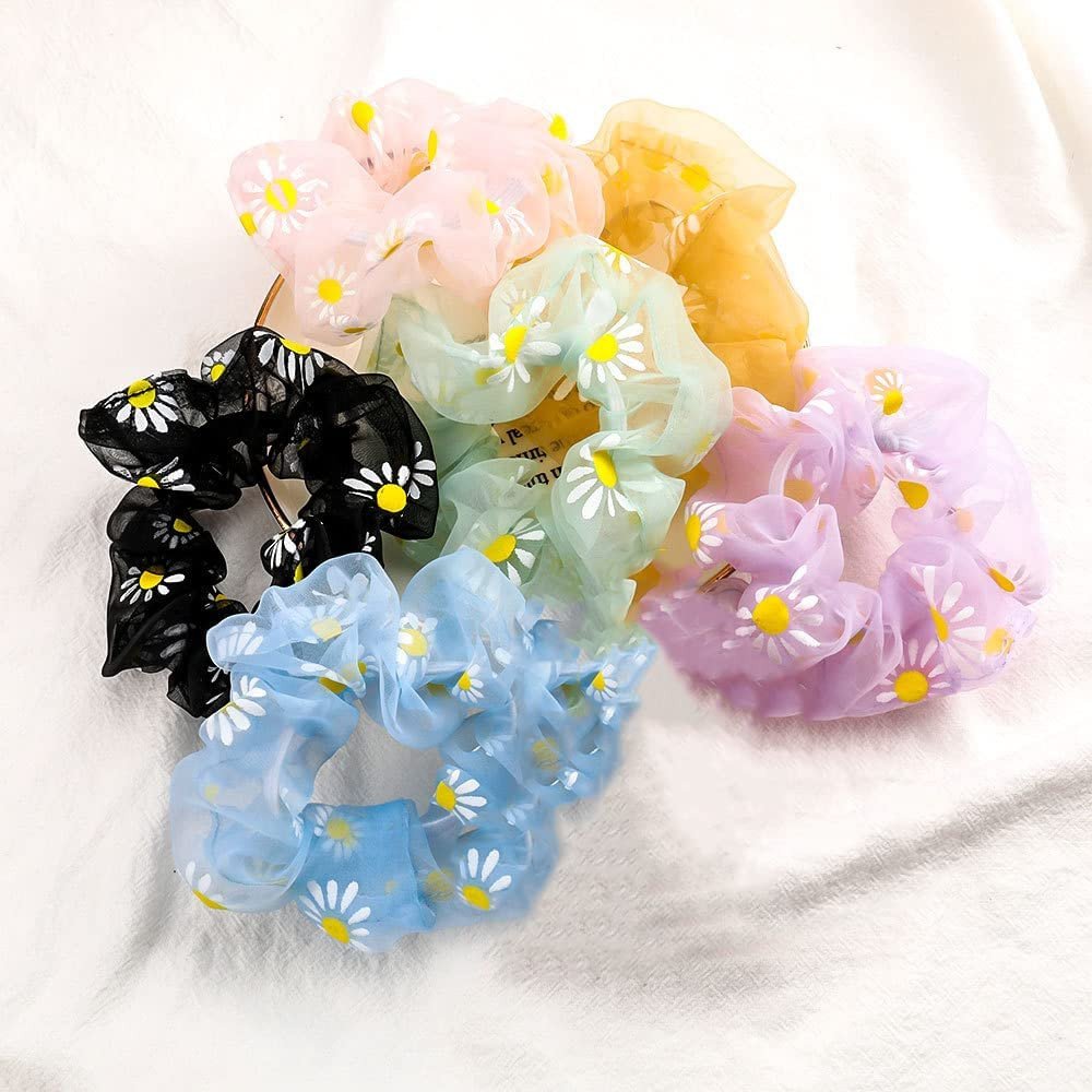 Hair Band for Girls Hair Scrunchies, Net Fibre Elastic Band for Hair, Hair Rubber Band Accessories for All Hair Types, Flower Hair Tie Band for Teens, Bun Ponytail Holder Braid Makers, Pack of 6