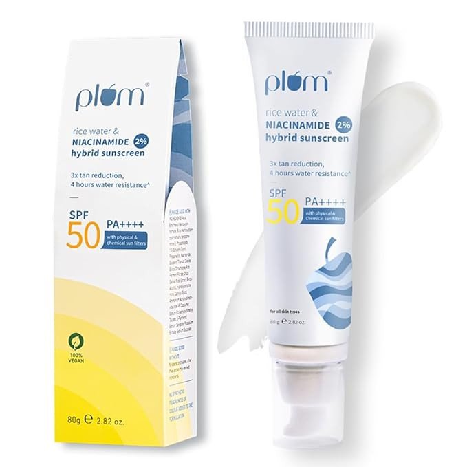 Plum 2% Niacinamide Sunscreen SPF 50 PA+++ With Rice Water | 4 Hrs Water Resistance | 3x Tan Reduction & Brightens | No White Cast, Lightweight, Non-Sticky | Dermatologically Tested | Women & Men | 10