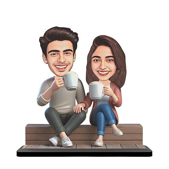 Wood Rectangular Personalized Caricature Gift for Couple, 7 Inches, Tabletop Multicolor, Art Deco Style