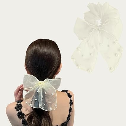 Pearl Bow Scrunchies for women, Net Pearl Scrunchies Fancy and Comfortable PonyTail Holder Hair Accessories Best Gift for Sister, Mother, Girlfriend - Pack of 1 (White)