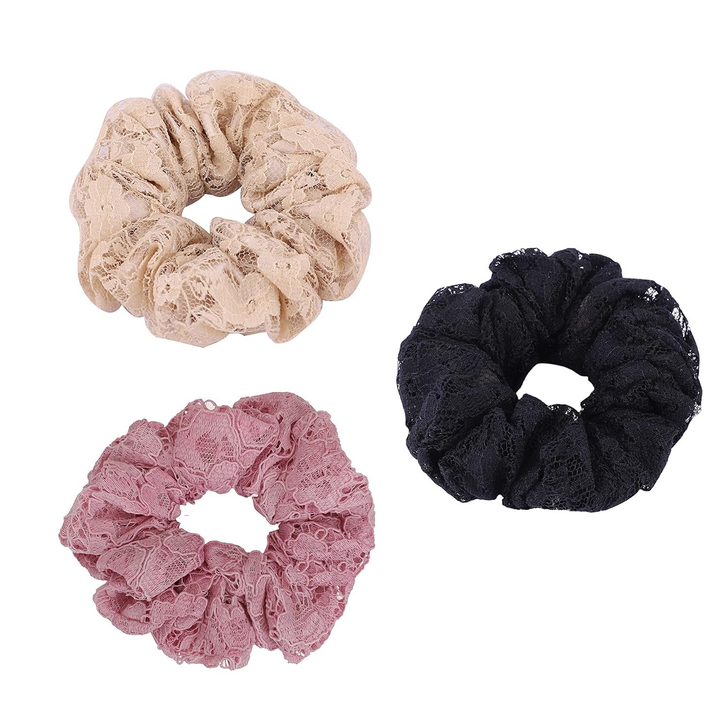 Beaded Embroidered, Handmade, Satin Organza Lace Scrunchies/Hair Bands for Women, Girls with Elastic (Black-Pink-Beige, Pack of 3)