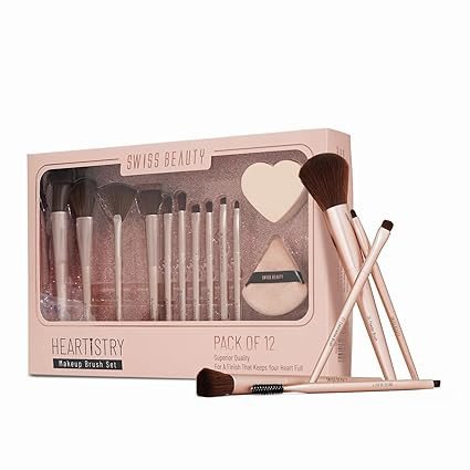 Swiss Beauty Heartistry Makeup Brush Set | 12 Pieces | For Face, Eyes & Lips | Soft Synthetic Bristles | Multi-Functional | Flawless Blending | PETA Certified | 12 Pcs