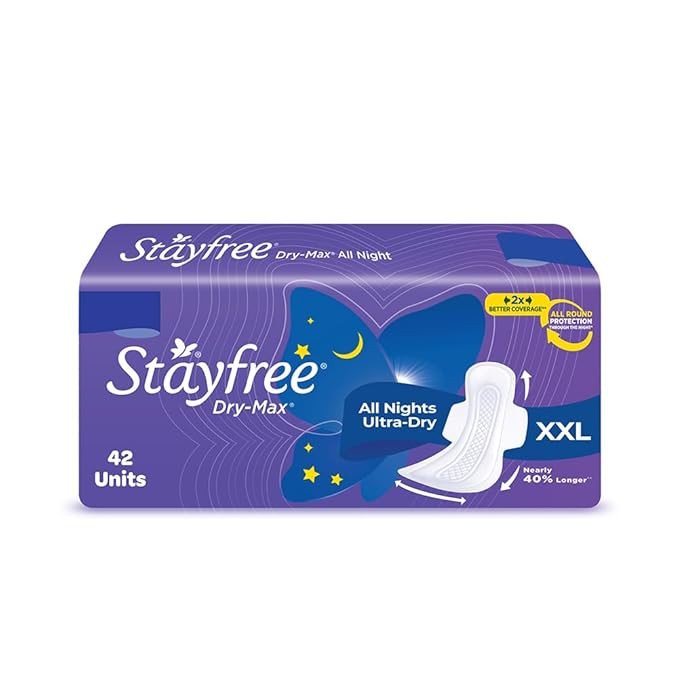Stayfree Dry Max All Night XXl Dry Cover Sanitary Pads For Women With Wings, 42 Pieces Pack Of 1