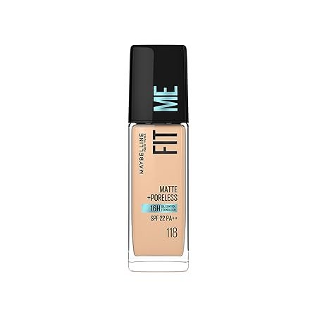 Maybelline New York Fit Me Matte + Poreless Liquid Foundation, , Matte Finish and pore minimizing Foundation, lightweight formula suitable for daily use and Indian Skin - 118 Light Beige, 30 ml