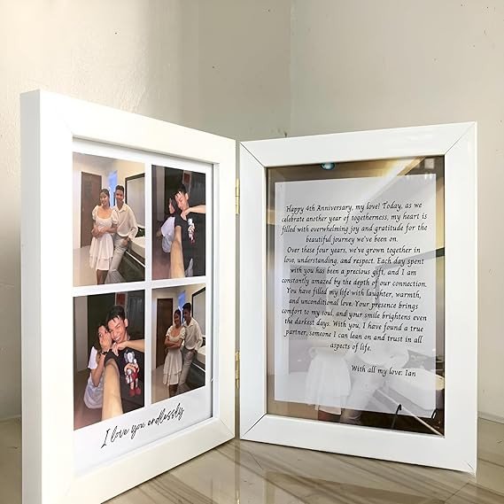 Forever Yours Dual Photo & Message Frame, Book Style Anniversary Photo Frame, Christmas Gifts, Birthday Gift, Couple Gifts, Personalized Gifts - 5x7 Inch White (Layout 2)