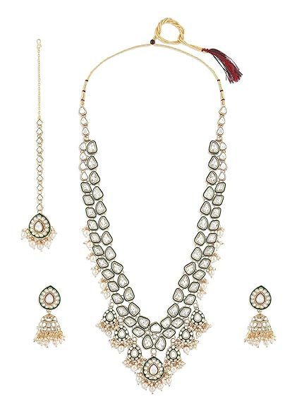 Green Meenakari Kundan Bridal Long Dazzling Necklace Earring Maangtikka Set For Women