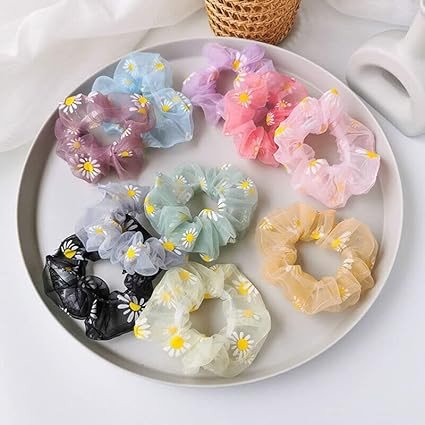 6Pcs Colorful Pom Pom Filled Chiffon Net Scrunchie Hair Rubber Band Cute Hair Accessory for PonyTail Holder for Girls,Women & Kids