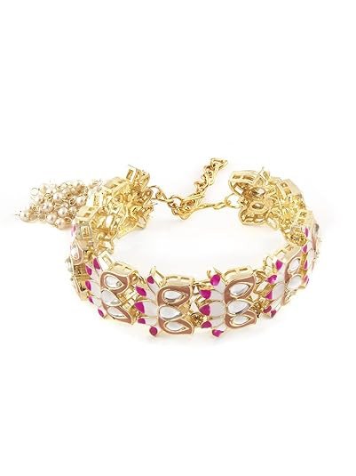 Pink & Peach Meenakari Lotus Design Kundan Bracelet For Women