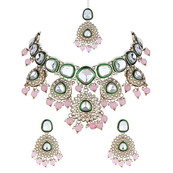 Gold Plated Traditional Kundan & Pearl Drop Bridal Necklace With Earrings & Maang Tikka Jewellery Set For Women