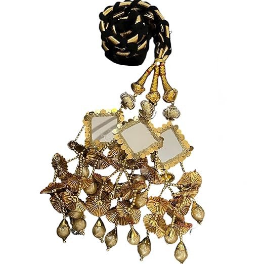 MEERA PRANDI Traditional Punjabi Paranda/Parandi for Women | Black Braid with Gold Tone lace &Real Mirror Tassel Traditional Hair Accessory Braid Tassles/Hair Extension/Choti