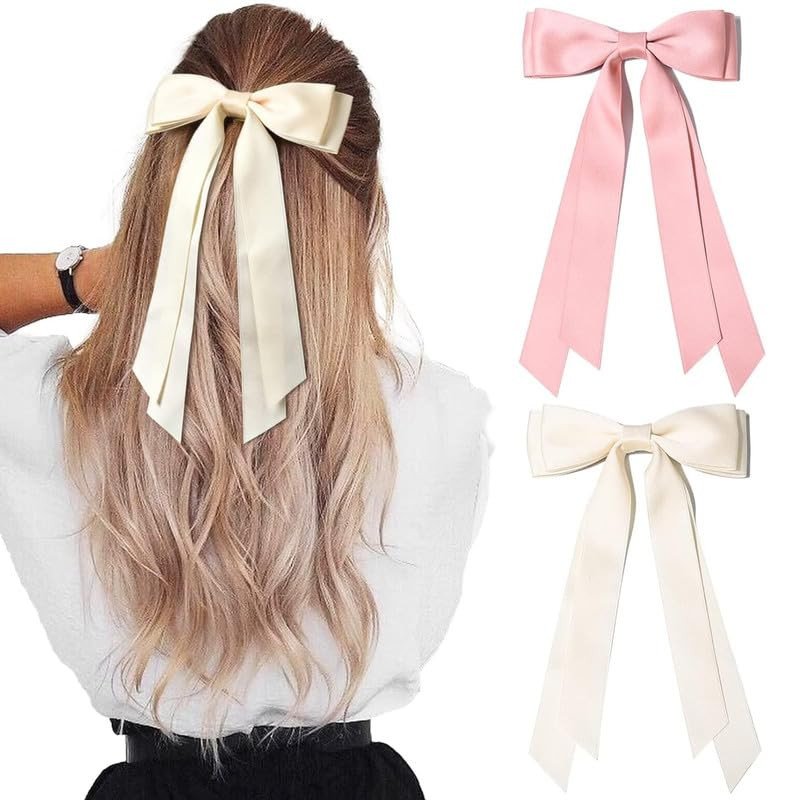 2PCS Luxury Silky Satin Hair Bows Hair Clip Beige Pink Hair Ribbon Ponytail Holder Accessories Slides Metal Clips Hair Bow for Women Girls Toddlers Teens Kids