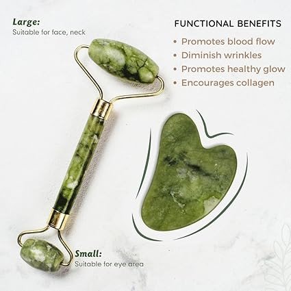 Jade Roller & Gua Sha Set Face Roller Anti-Aging Facial Roller Natural Green Jade Beauty Massager Tool Skin Care Tool for Face Neck Eye to Reduce Wrinkles and Relax Gift Items Body Muscles (Jade Rolle