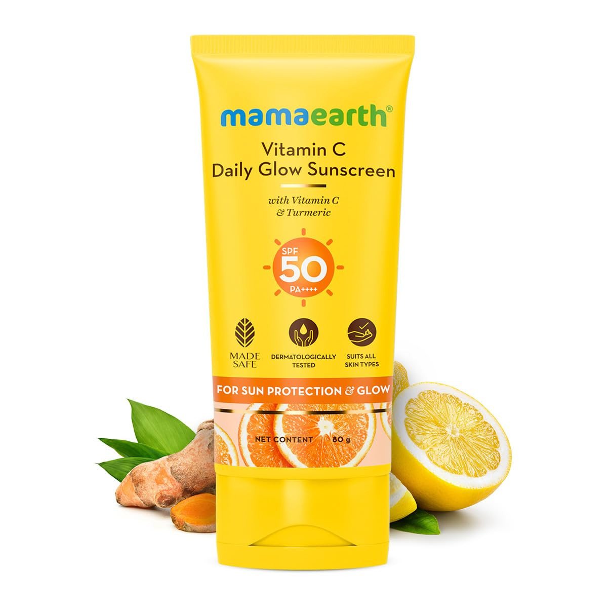 Mamaearth Vitamin C Daily Glow Sunscreen with Vitamin C & Turmeric | For Sun Protection, Tan Protection & Glow | SPF 50 & PA++++ Protection | No White Cast | Lightweight & Non-Sticky | Brightens Skin 